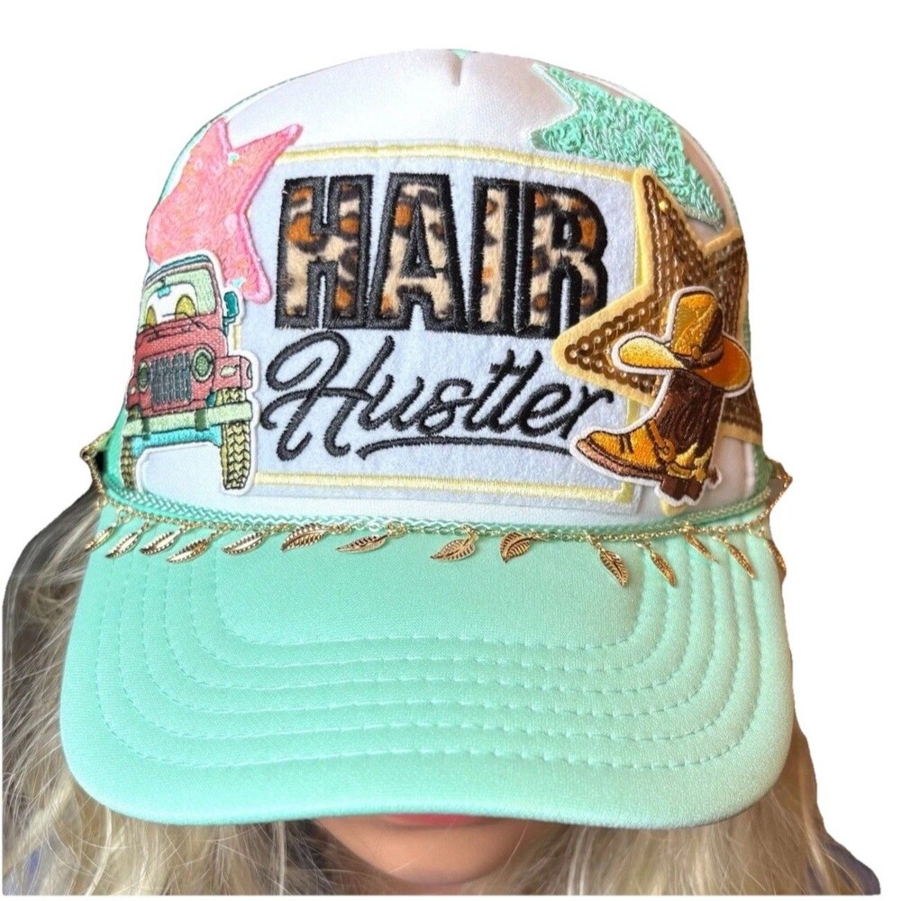 Seafoam Green Hustler Trucker Hat Layered Hair Cap w/ Chain Visor Jewelry